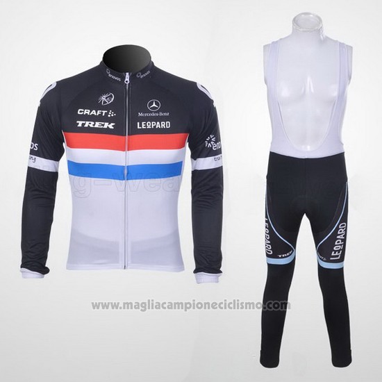 2011 Abbigliamento Ciclismo Trek Leqpard Campione Francia Nero e Bianco Manica Lunga e Salopette